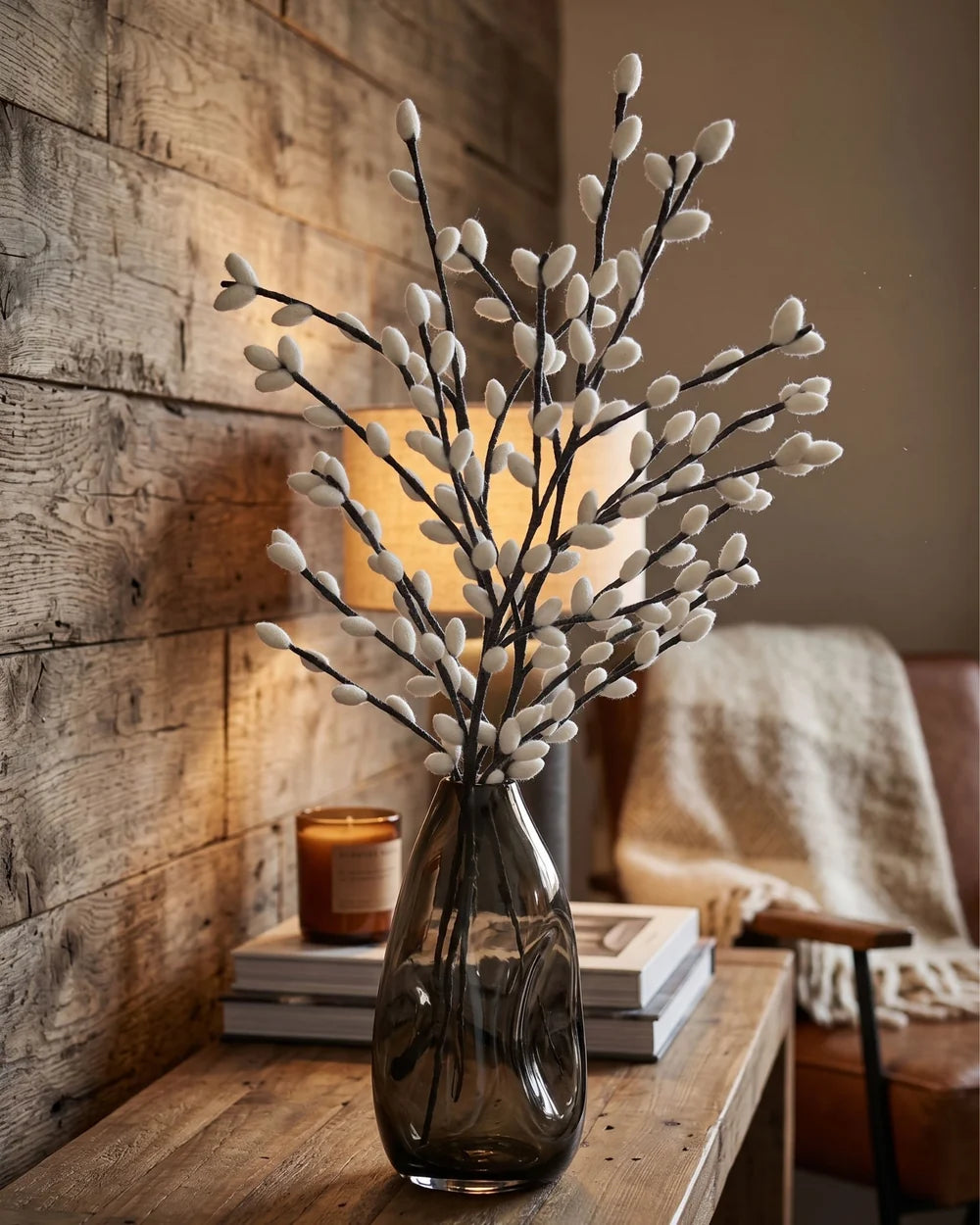 GEANTE BRANCHE DE CHATON DE SAULE MARRON - LAINE FEUTREE