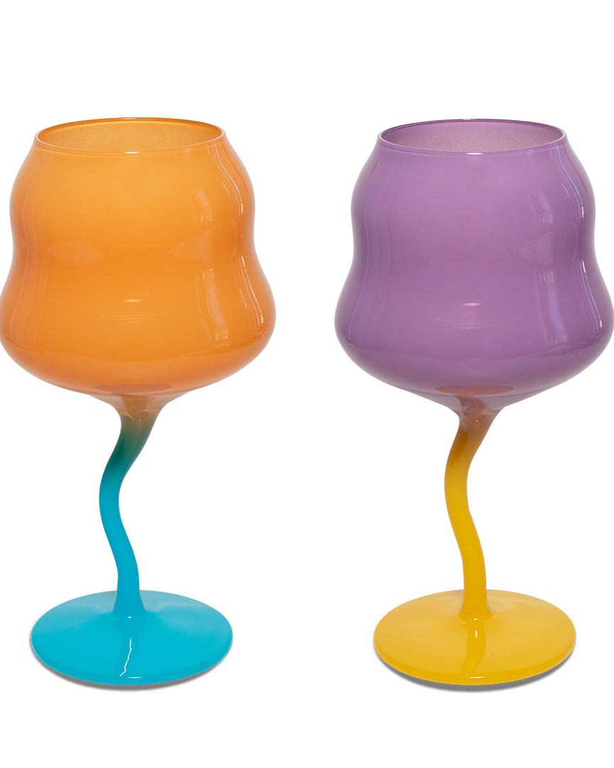 LOT DE 2 VERRES A COCKTAIL - ORANGE/BLEU ET VIOLET/JAUNE